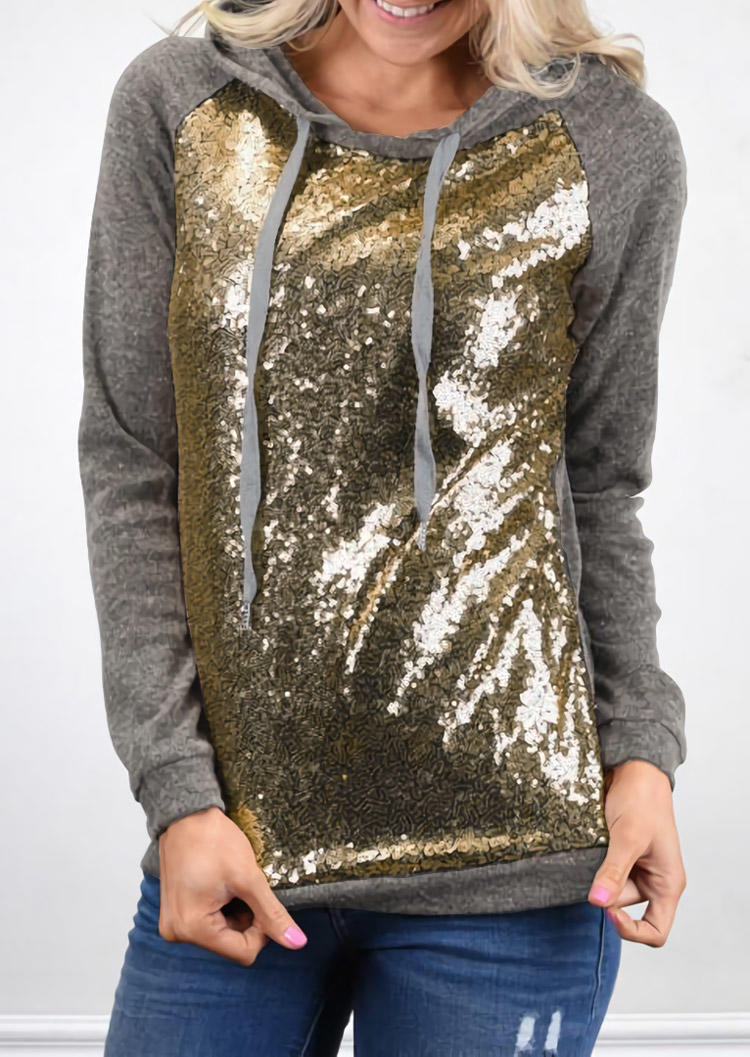 

Sequined Splicing Long Sleeve Hoodie - Gray, 523447