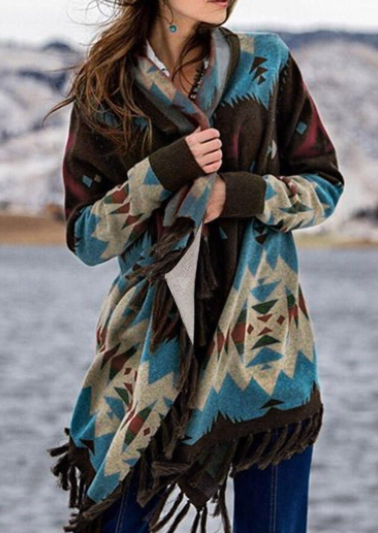 

Aztec Geometric Tassel Long Sleeve Cardigan, Multicolor, 523508