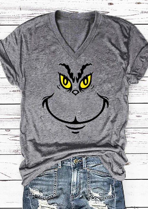 

Christmas Cartoon Face V-Neck T-Shirt Tee - Gray, 523590
