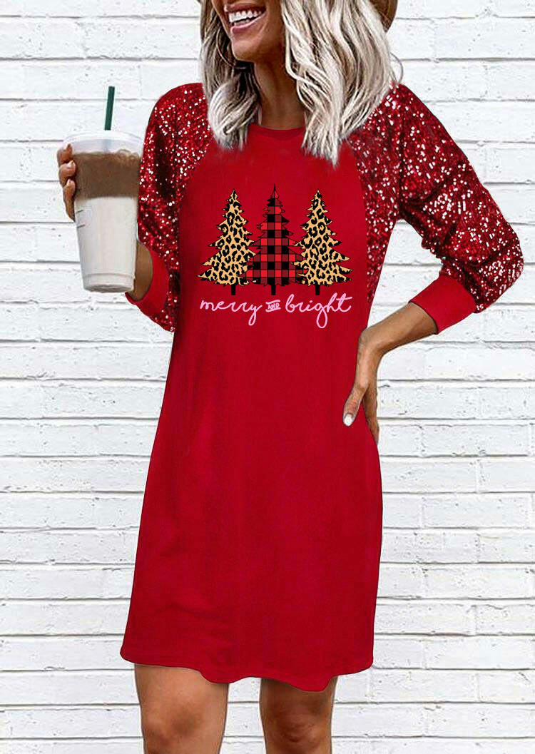 

Merry And Bright Christmas Tree Sequined Mini Dress - Red, 523592
