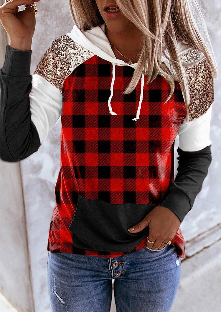 Buy Sequined Splicing Plaid Kangaroo Pocket Hoodie. Picture