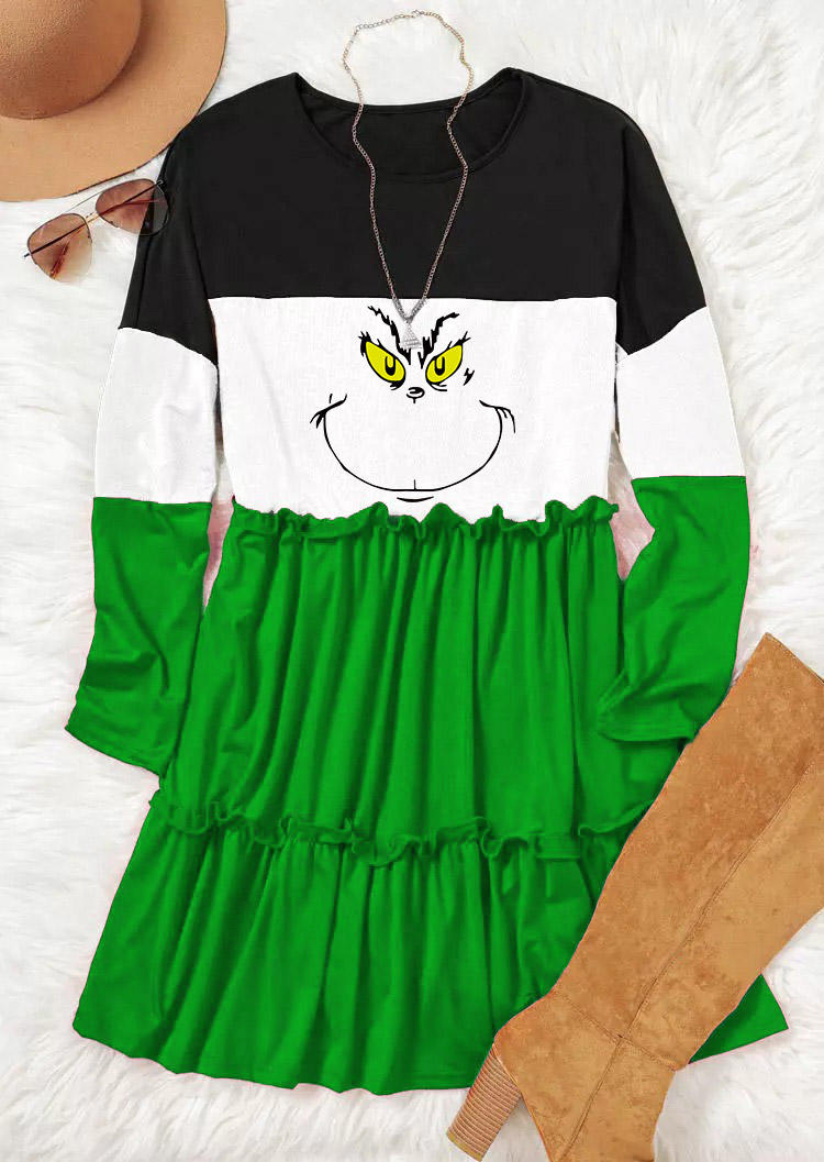 Color Block Cartoon Ruffled Mini Dress - Green