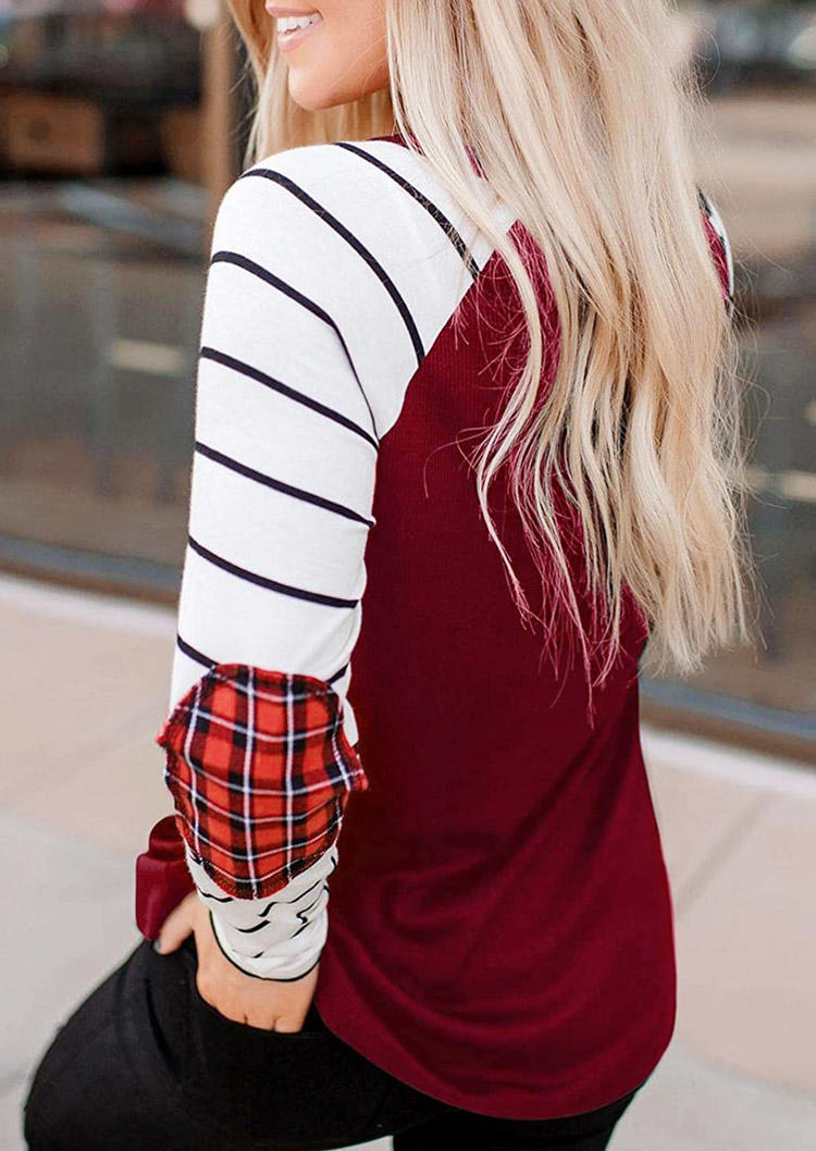 Striped Plaid Splicing Elbow Patch Blouse - Red