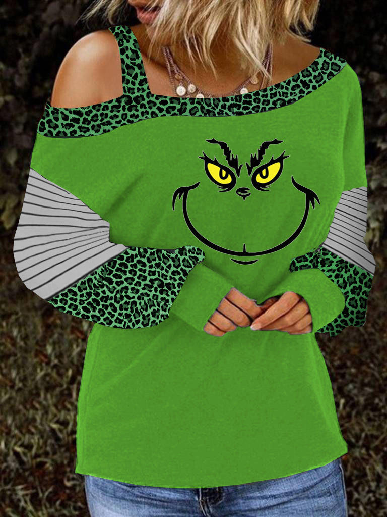 

Cartoon Striped Leopard Cold Shoulder Blouse - Green, 523655