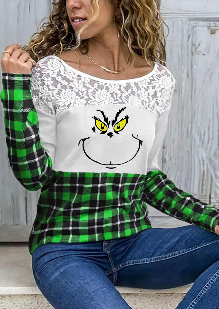 

Lace Splicing Plaid Cartoon Long Sleeve Blouse - Green, 523656