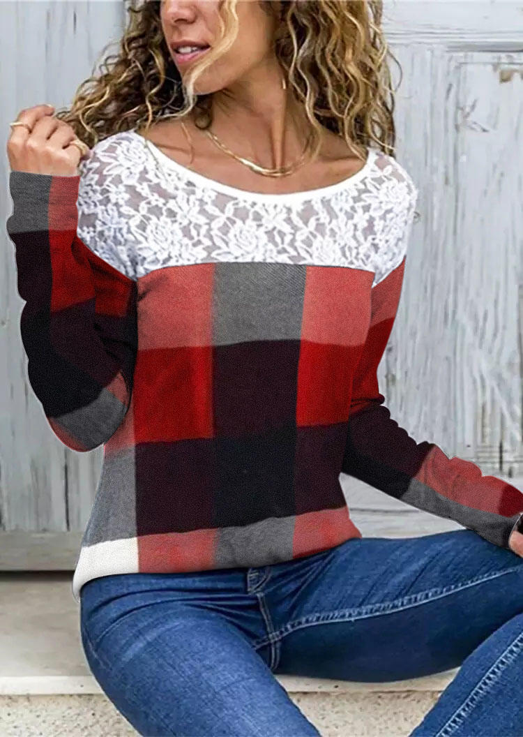 Lace Splicing Plaid Long Sleeve Blouse