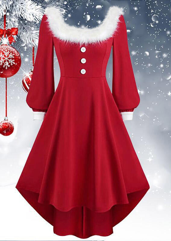 

Plush Button Splicing High Low Hem Midi Dress - Red, 523803