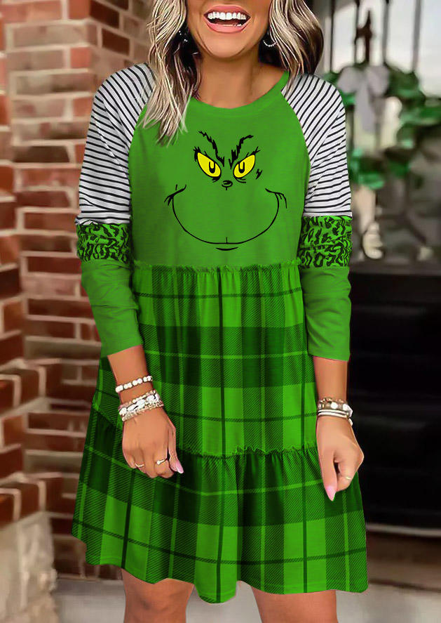 

Striped Plaid Leopard Ruffled Long Sleeve Mini Dress - Green, 523856