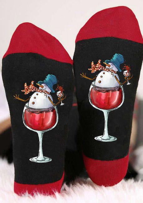 

Snowman Wine Glass Crew Socks, Black, 523861