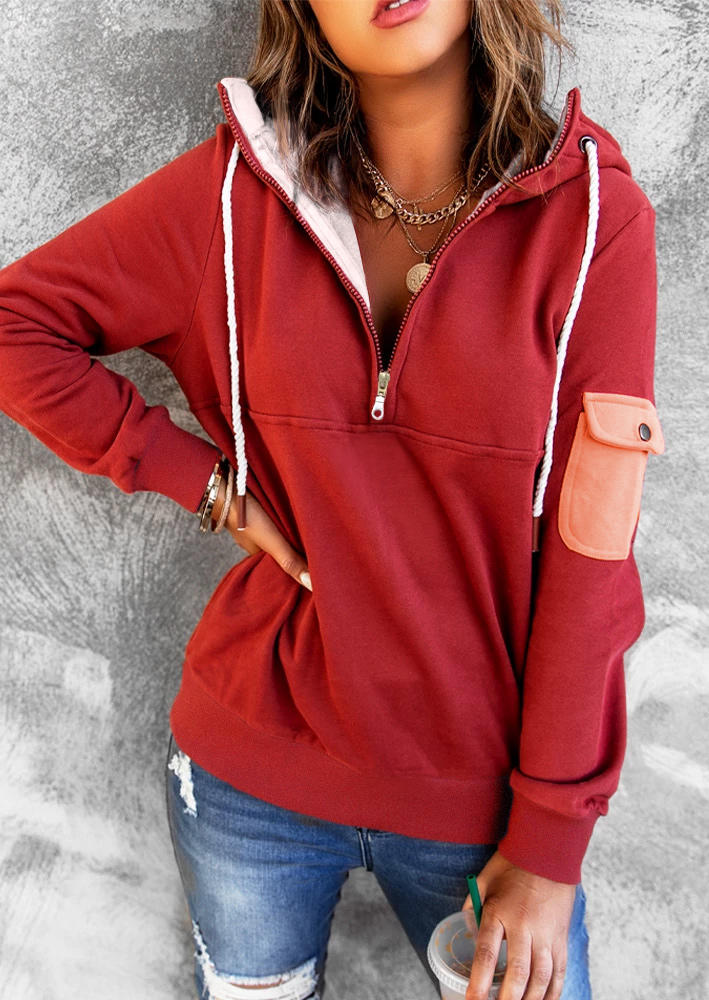 

Zipper Pocket Long Sleeve Hoodie - Red, 521321