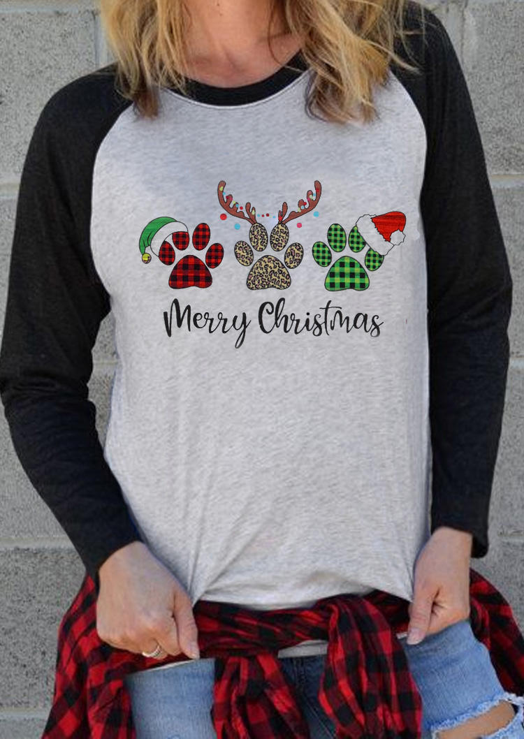 

Merry Christmas Dog Paw Plaid Leopard T-shirt Tee - Light Grey, Gray, 522557