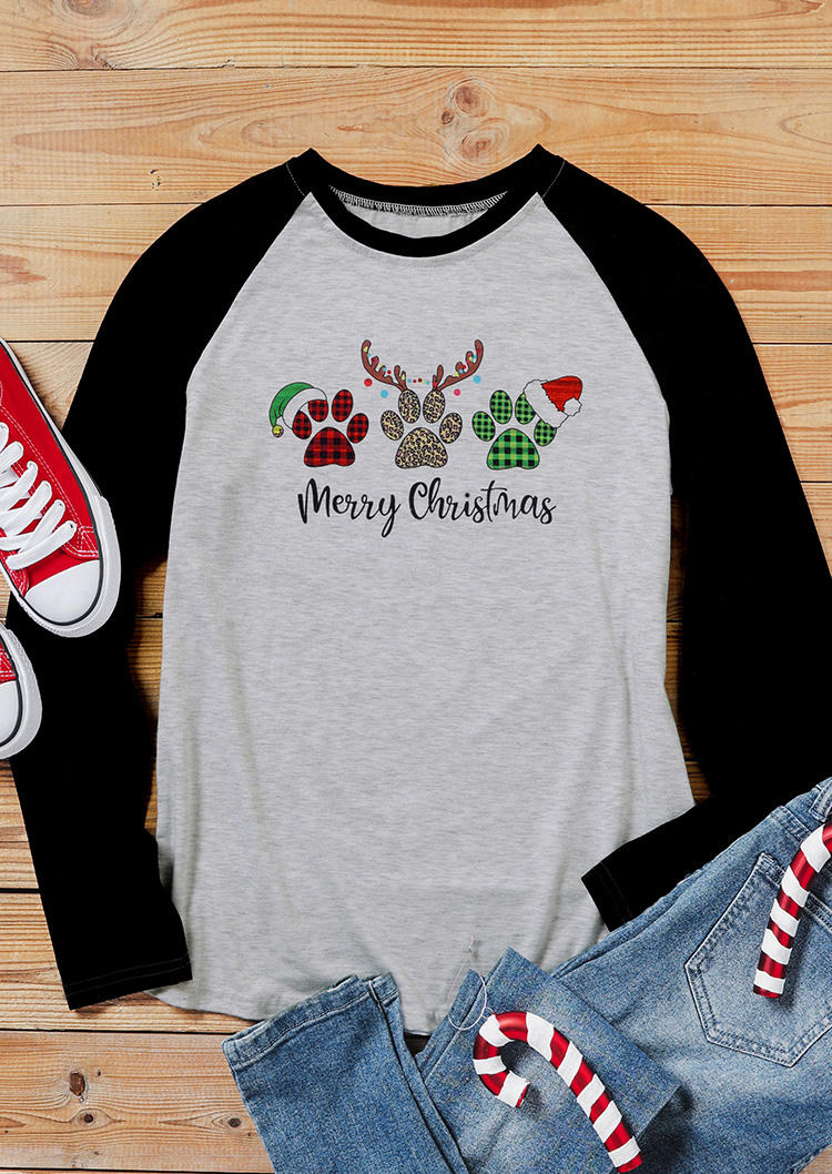 Merry Christmas Dog Paw Plaid Leopard T-shirt Tee - Light Grey