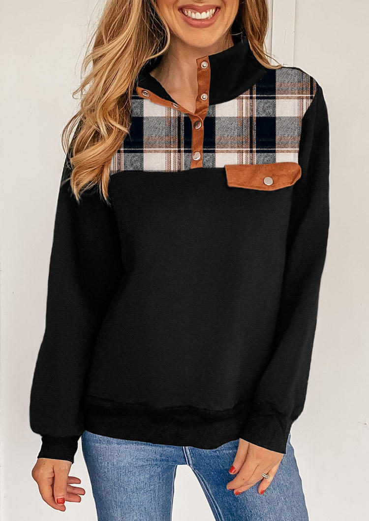

Plaid Splicing Button Long Sleeve Sweatshirt - Black, 522872