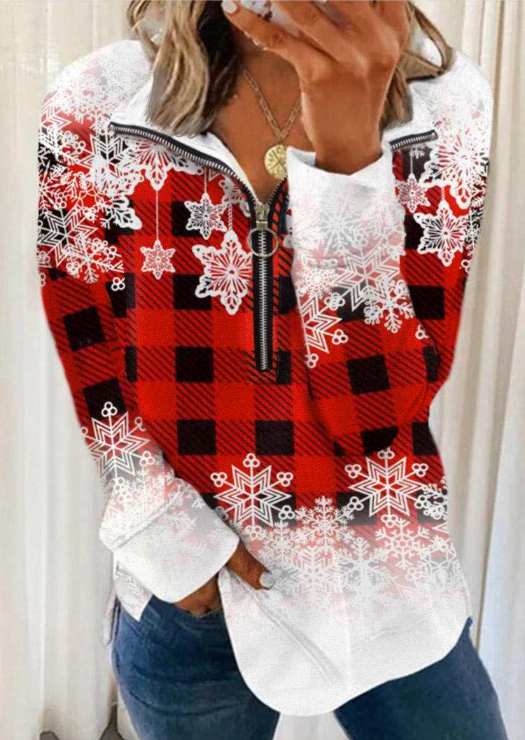 

Snowflake Plaid Zipper Sweatshirt - Red, 523305