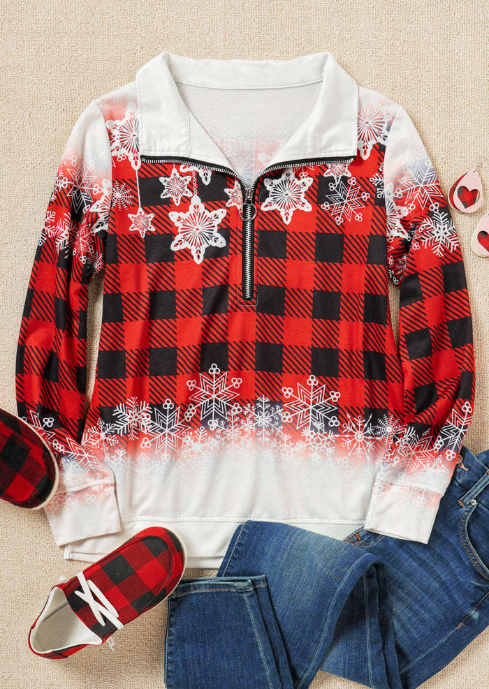 Snowflake Plaid Zipper Sweatshirt - Red