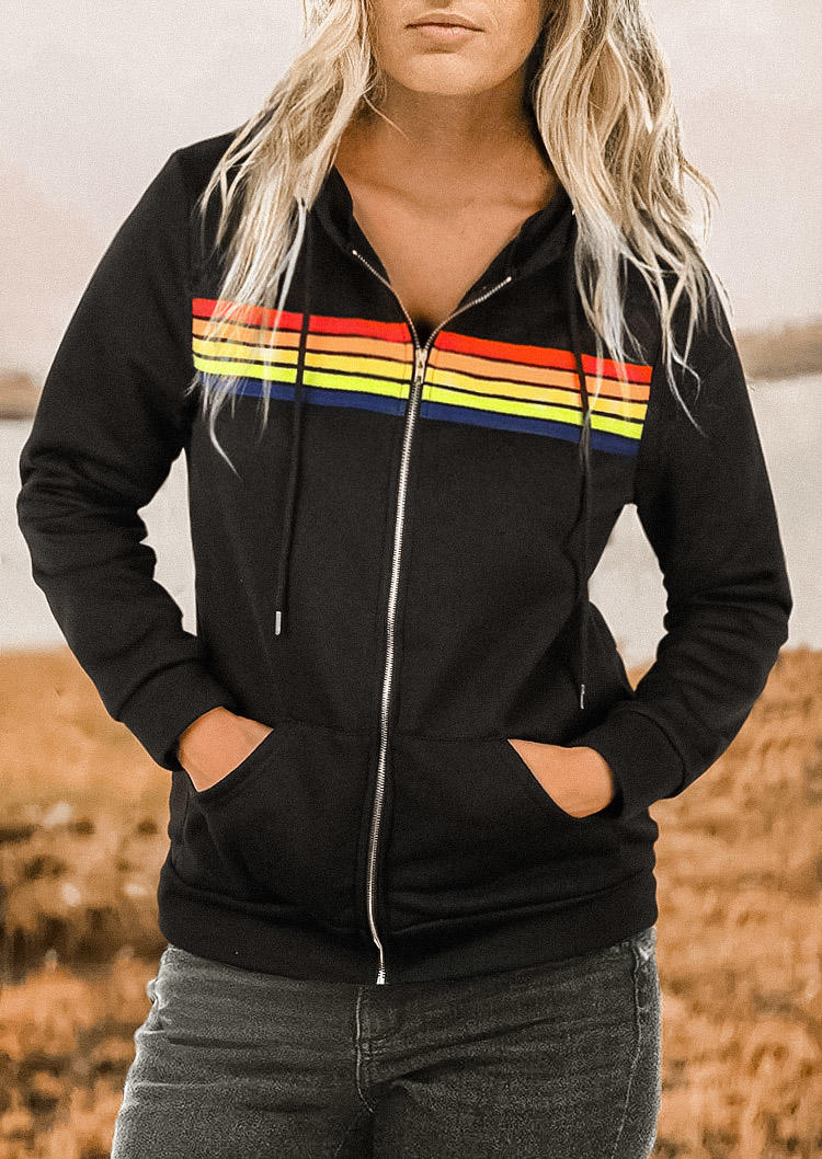 Rainbow Striped Pocket Hooded Coat - Black, 523388