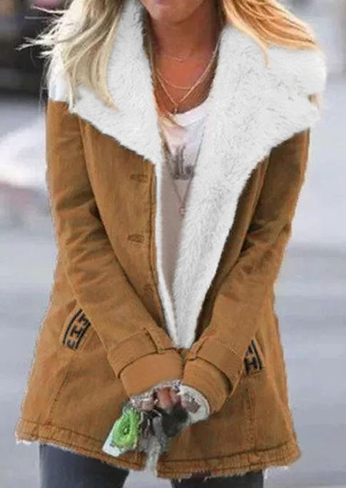 

Warm Plush Pocket Button Coat - Khaki, 523546