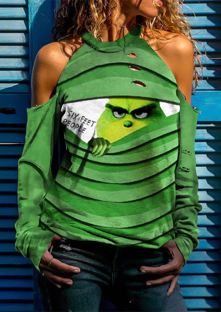 

Christmas Cartoon Hollow Out Cold Shoulder Sweatshirt - Green, 523569