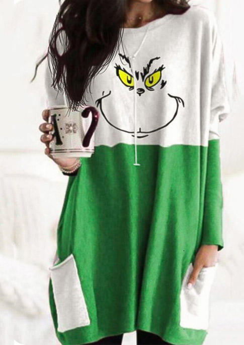 

Christmas Cartoon Pocket Color Block Mini Dress - Green, 523596