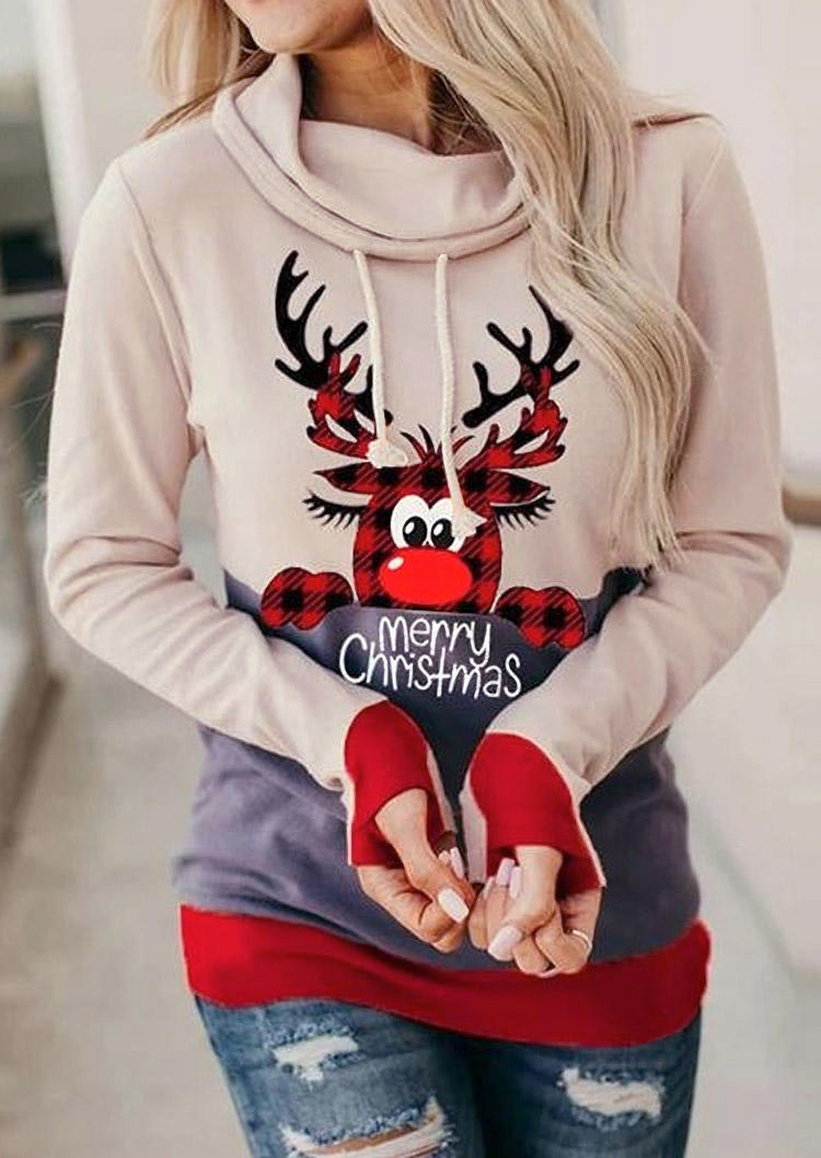 Merry Christmas Reindeer Plaid Thumbhole Sweatshirt - Apricot