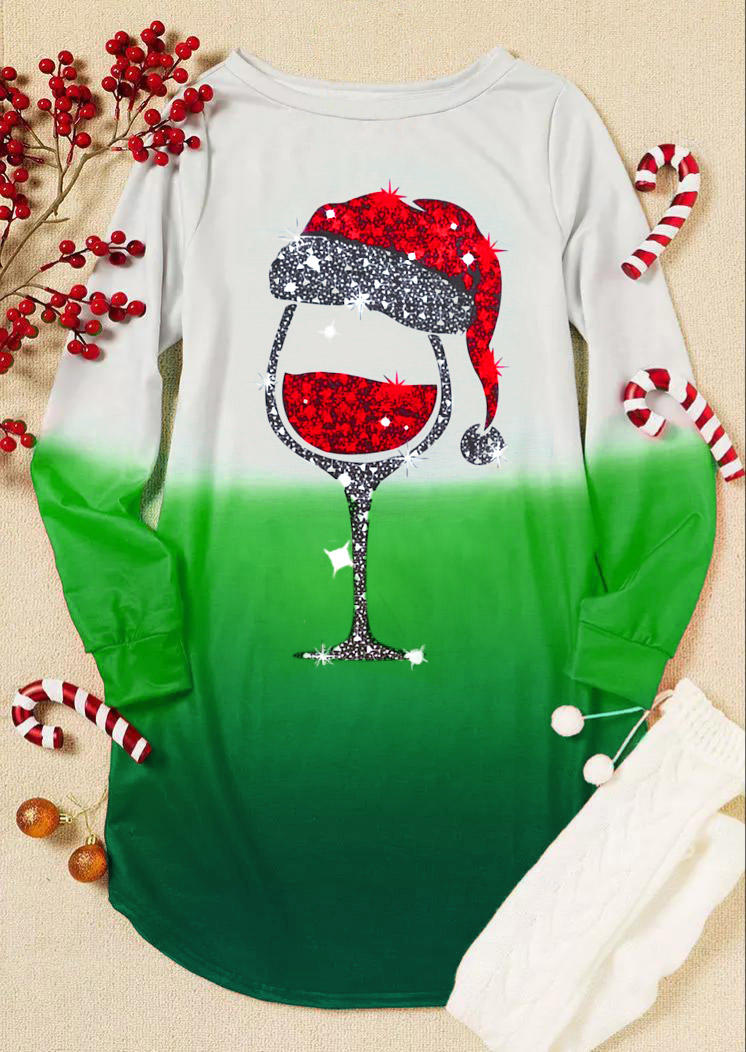 Christmas Hat Gradient Wine Mini Dress - Green