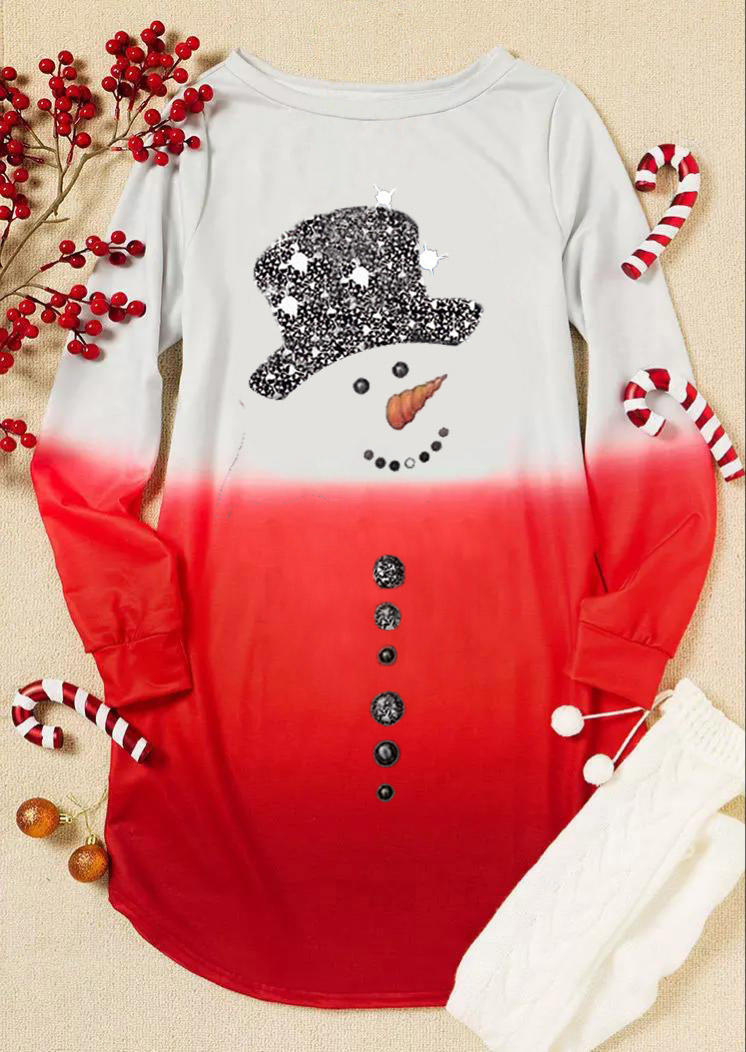 Christmas Snowman Gradient Mini Dress - Red