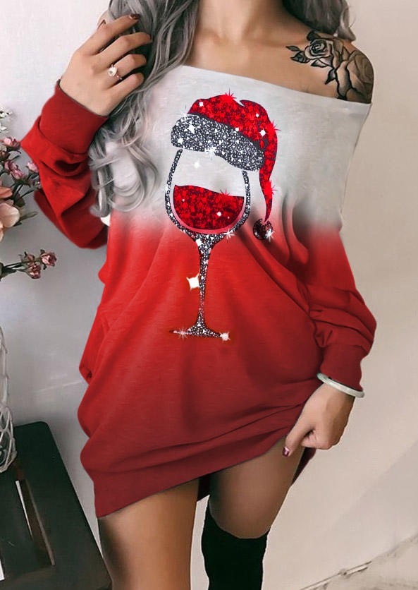 

Christmas Gradient Wine Glass Santa Hat Mini Dress - Red, 523744