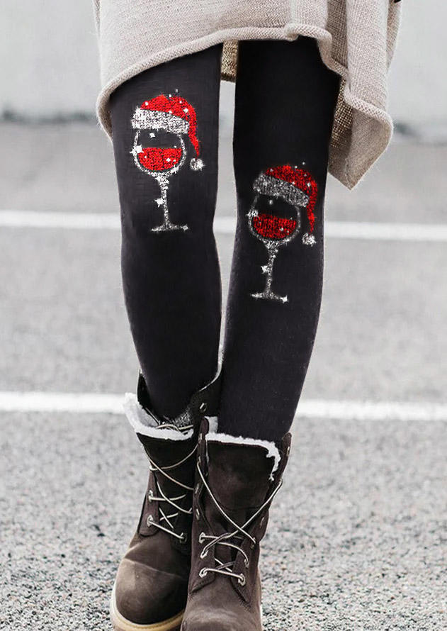 

Christmas Hat Wine Glass Elastic Waist Skinny Leggings - Black, 523767