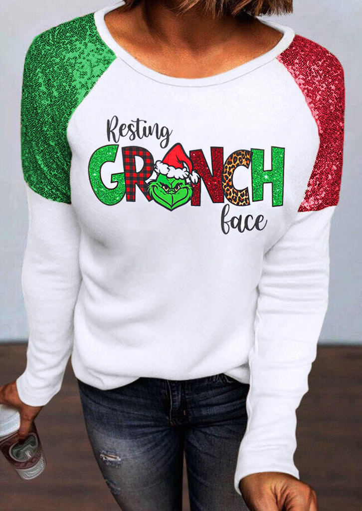

Christmas Sequined Cartoon Color Block Blouse - White, 523890