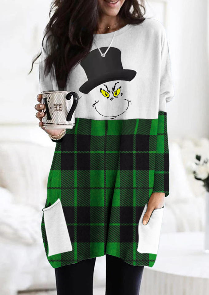 

Christmas Cartoon Pocket Plaid Mini Dress - Green, 523961