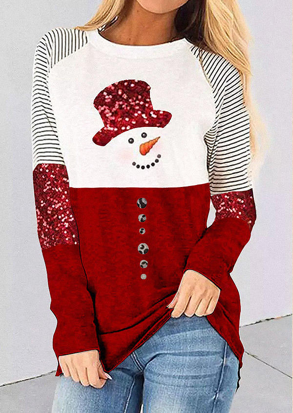 Christmas Snowman Sequined Striped Blouse - Red
