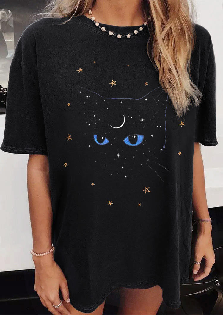 Starry Cat O-Neck T-Shirt Tee - Black