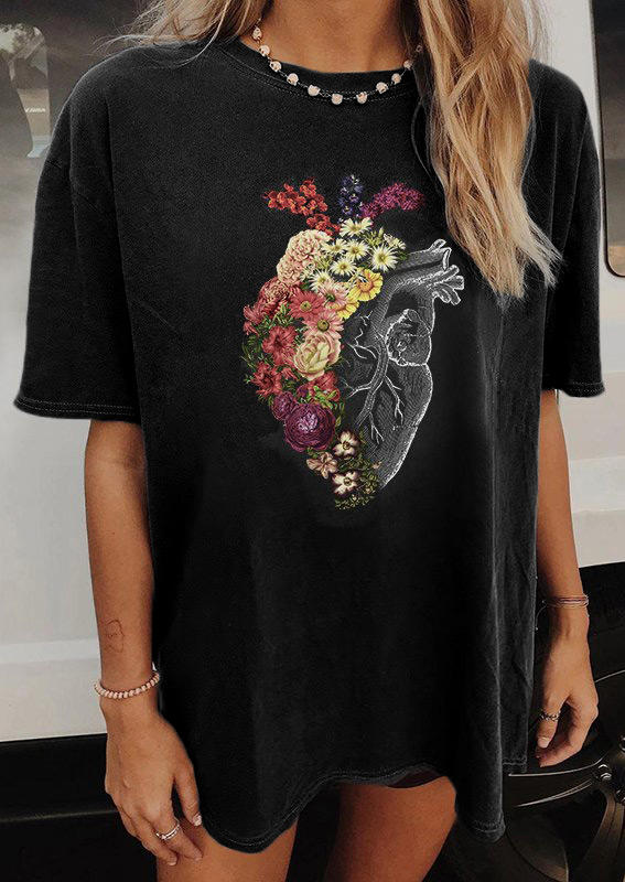 

Floral Heart O-Neck T-Shirt Tee - Black, 524016