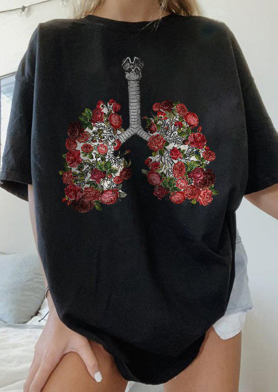 

Floral Organ O-Neck T-Shirt Tee - Black, 524025