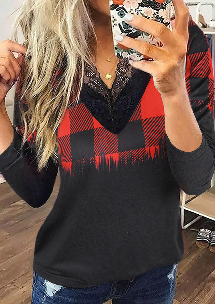 

Lace Splicing Plaid Blouse - Black, 522785