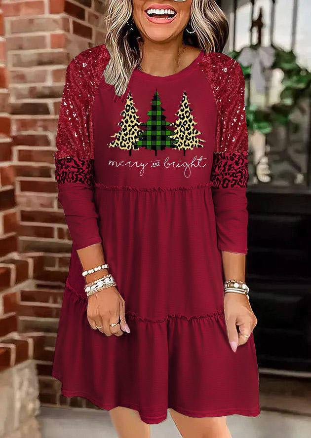 Sequined Merry And Bright  Plaid Leopard Trees Mini Dress - Green