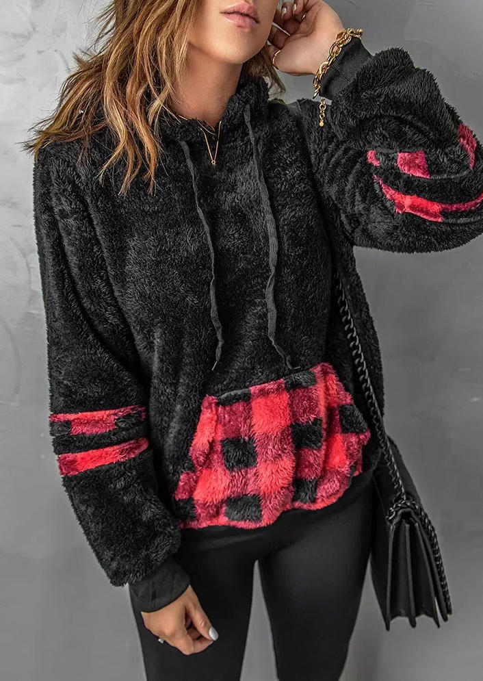 

Fuzzy Plaid Kangaroo Pocket Hoodie - Black, 523566