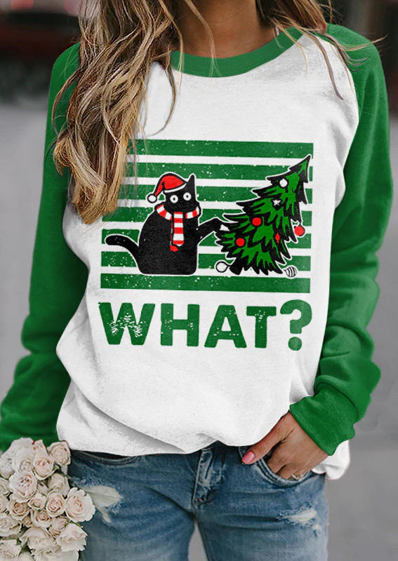 Christmas Tree What Black Cat Casual Sweatshirt - Green