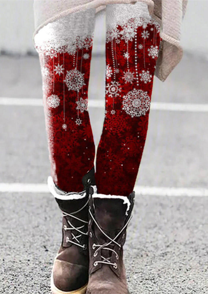 

Christmas Snowflake Elastic Waist Leggings - Red, 523630