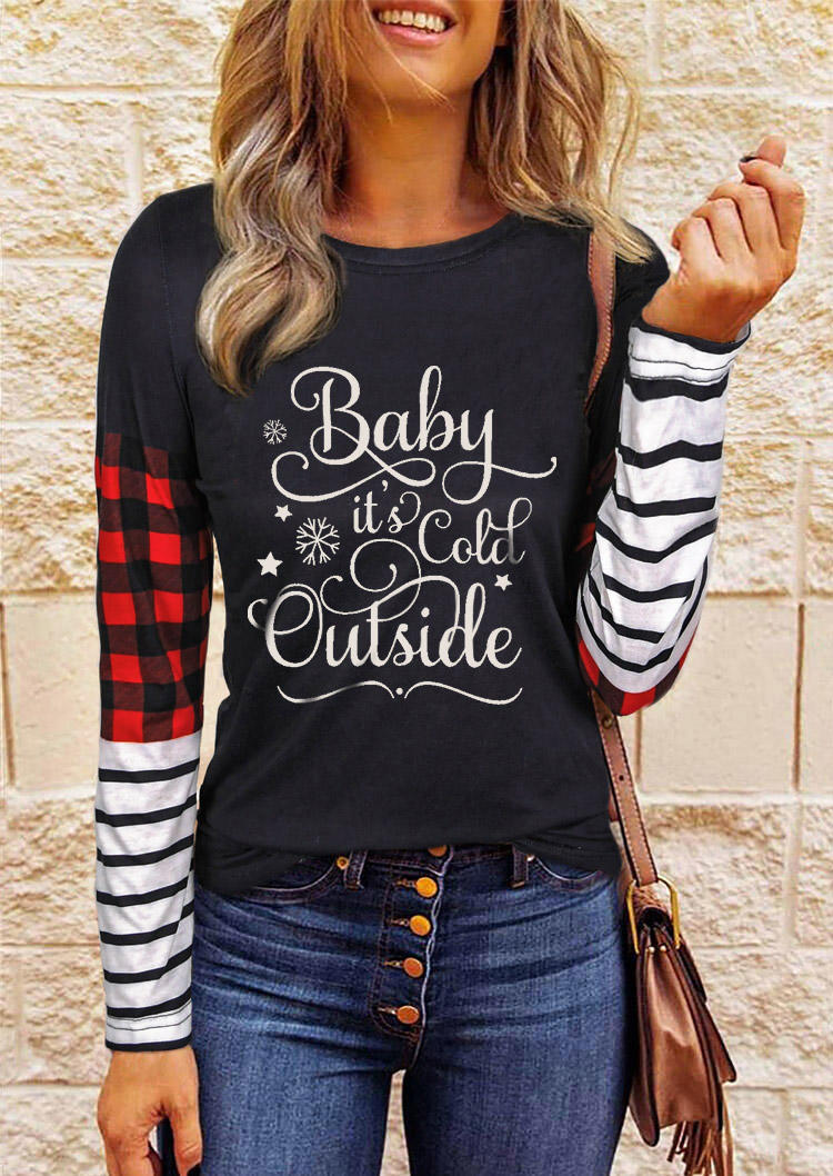 

Baby It's Cold Outside Plaid Striped T-Shirt Tee - Black, 523636