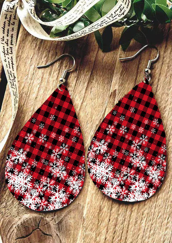 

Christmas Snowflake Buffalo Plaid Water Drop Earrings, Red, 523649