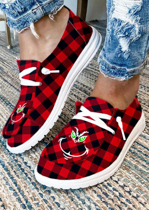 

Buffalo Plaid Christmas Cartoon Round Toe Flat Sneakers - Red, 523724