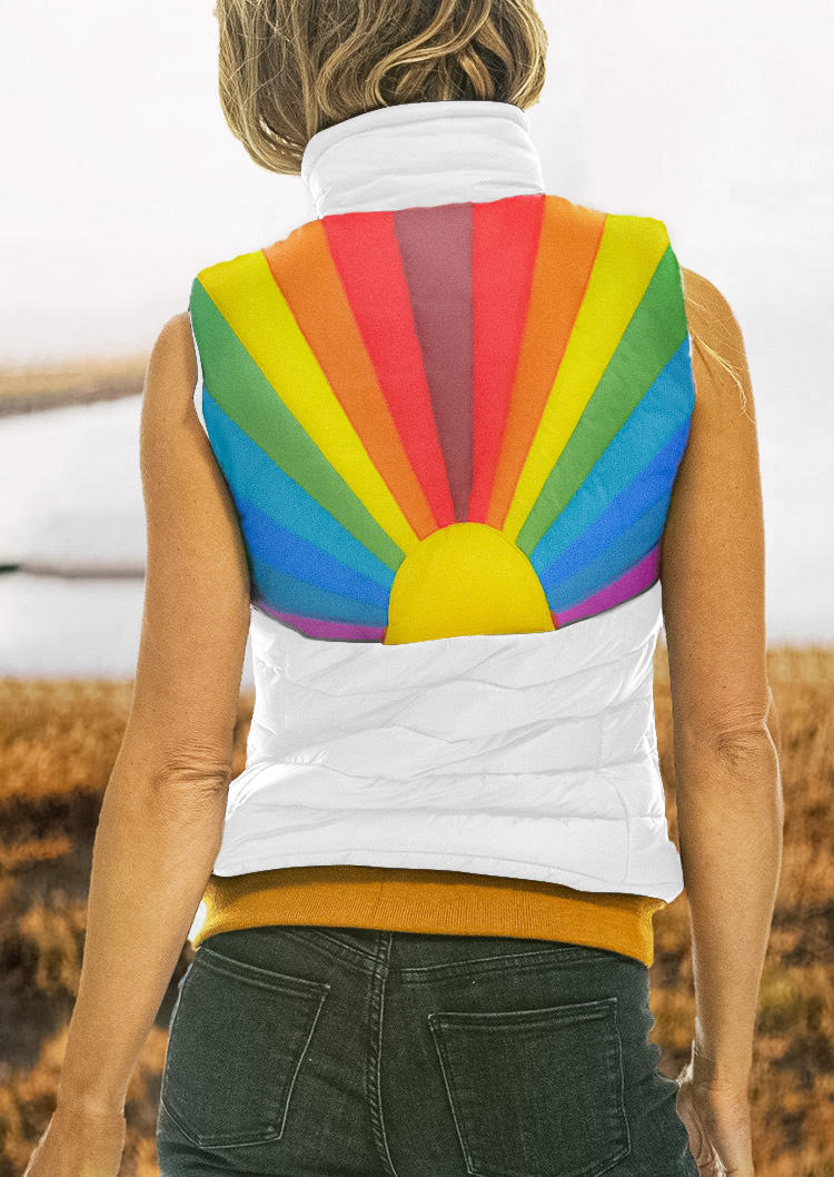 

Rainbow Stand Collar Parka Vest Coat - White, 523730
