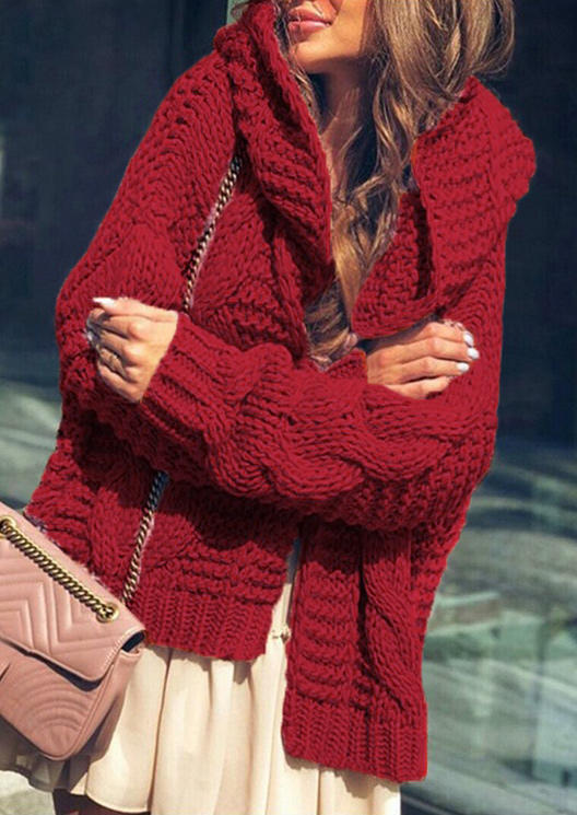 

Crochet Knitted Hooded Long Sleeve Cardigan - Burgundy, 523770