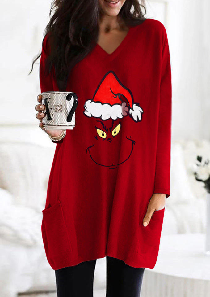 

Christmas Hat Cartoon Pocket Mini Dress - Red, 523787