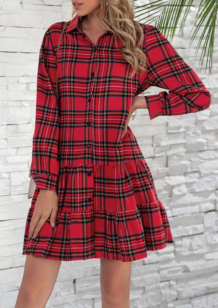 

Christmas Plaid Button Turn-down Collar Mini Dress, 523835