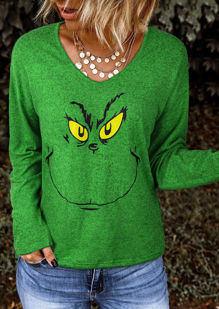 

Christmas Cartoon Long Sleeve Blouse - Green, 523888