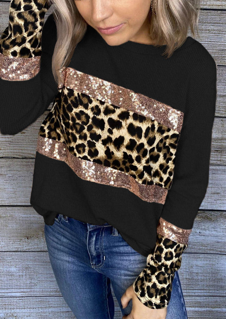 

Leopard Sequined Splicing Long Sleeve Blouse - Black, 523908