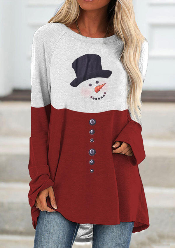 

Christmas Snowman Color Block Blouse - Brick Red, 523921