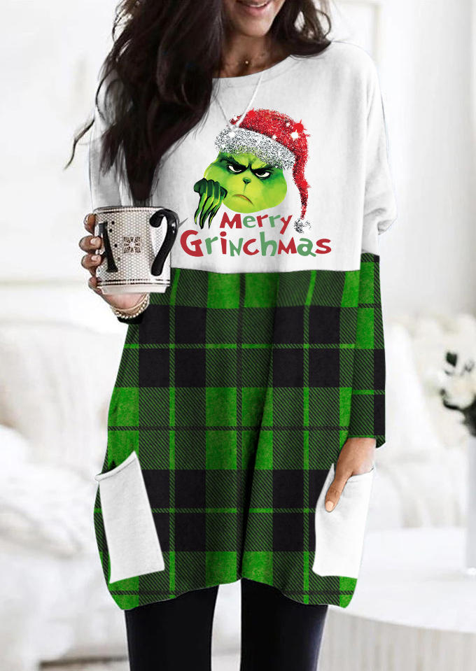 

Merry Cartoon Plaid Pocket Mini Dress - Green, 523962